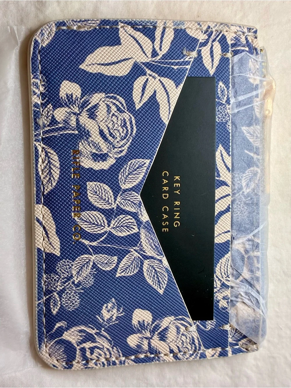 NWT Rifle Paper Card Case with Key Ring in Blue and Cream English Rose Pattern